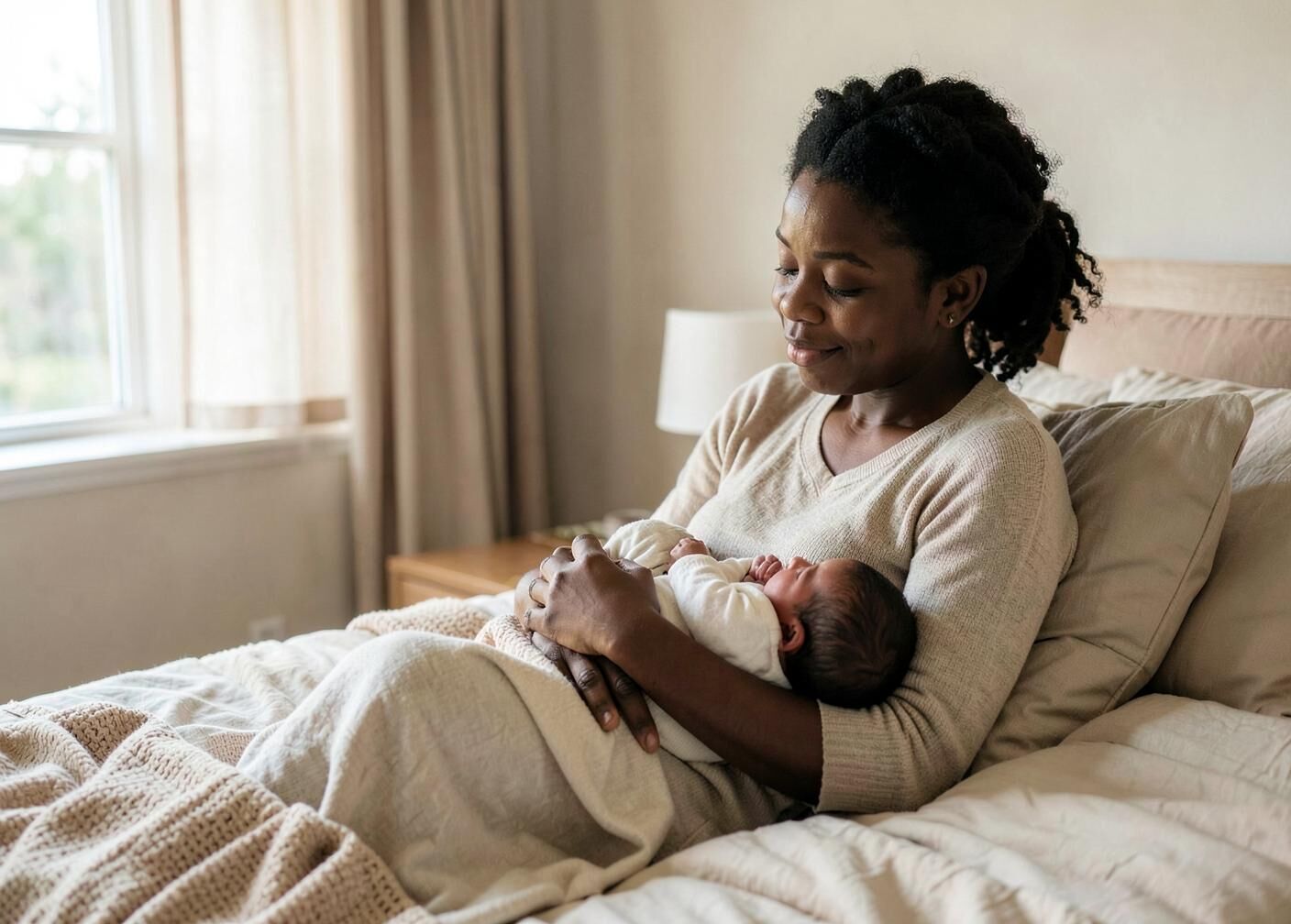A new mother resting while a caregiver gently holds her newborn